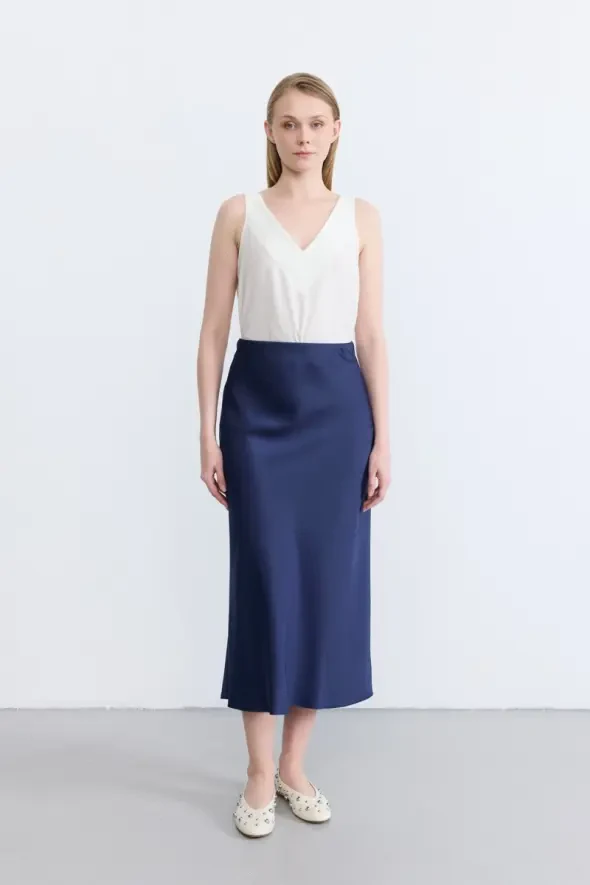 Satin Bias Skirt - Navy - 1