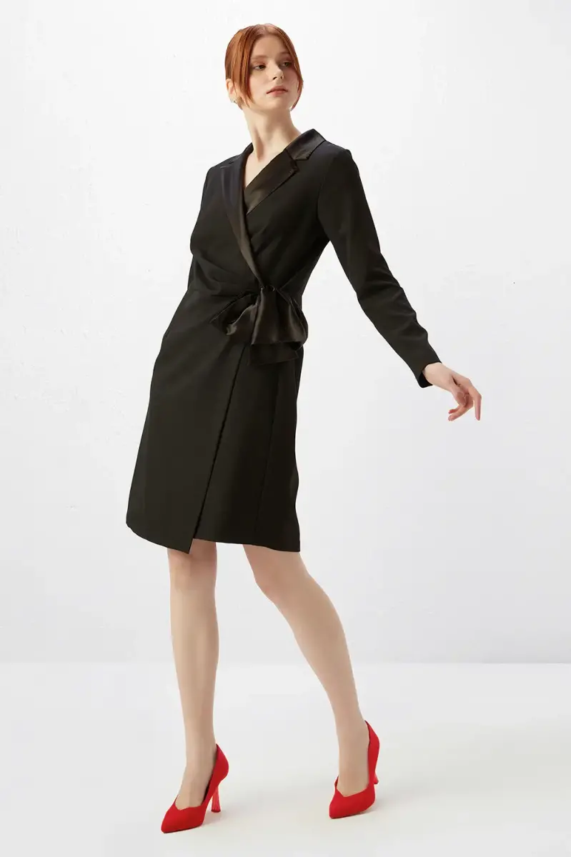 Satin Collar Jacket Dress - Black Autumn-Winter