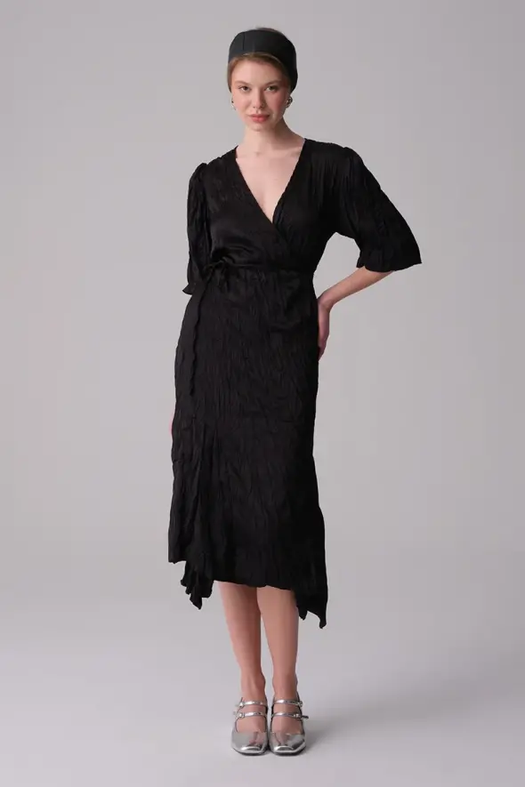 Satin Crinkle Dress - Black - 1