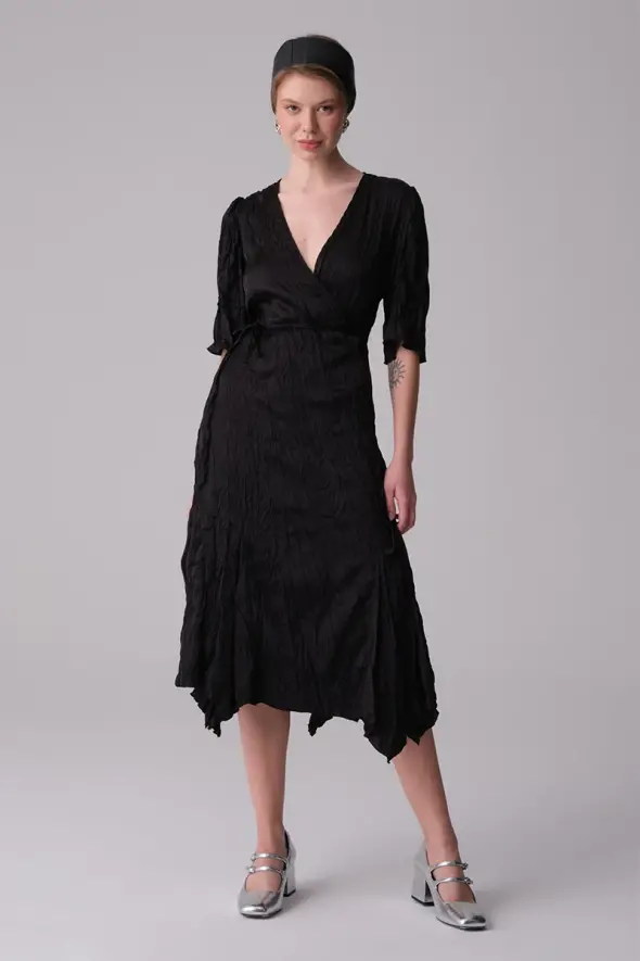 Satin Crinkle Dress - Black - 2