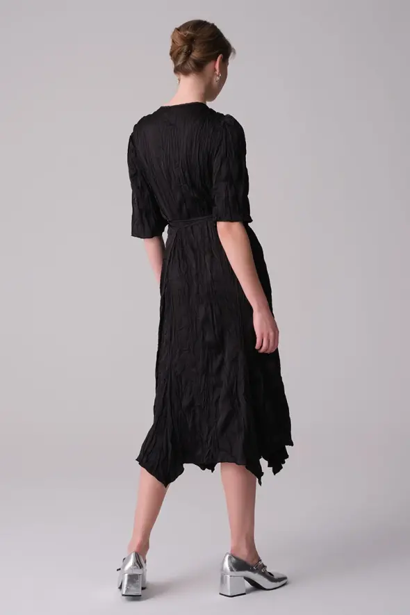 Satin Crinkle Dress - Black - 4