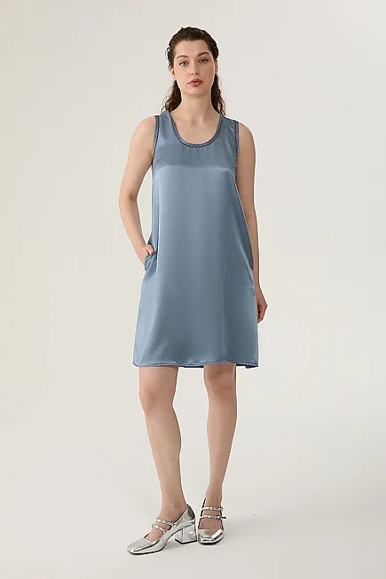 Satin Dress with Metal Hardware - Blue - Gusto