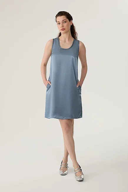 Satin Dress with Metal Hardware - Blue - Gusto