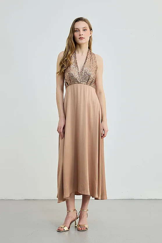 Satin Dress with Sequin Details - Copper - Gusto