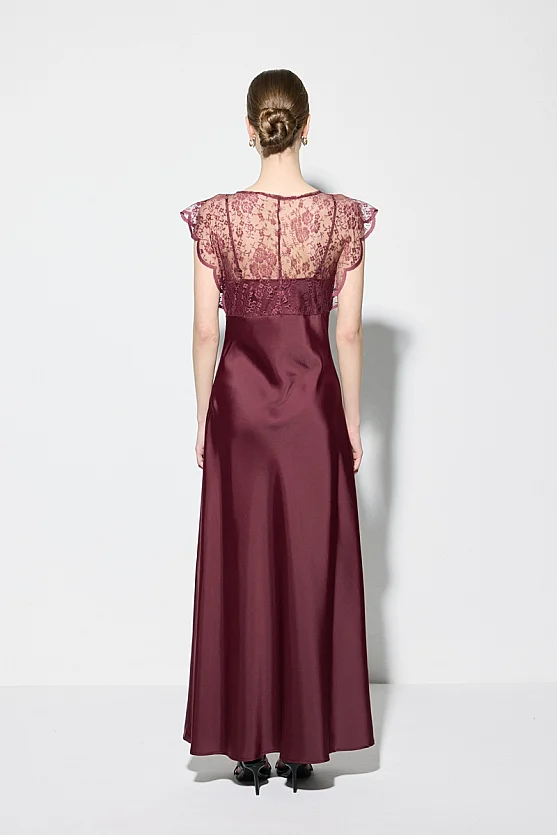 Satin Evening Dress with Lace Detail - Burgundy - 8