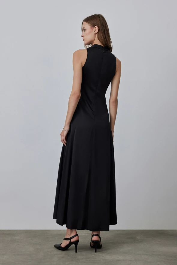 Satin Evening Dress with Stand Collar - Black - 6