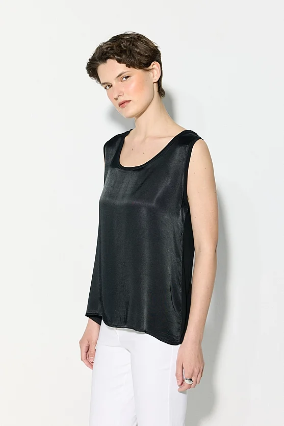 Satin Front Cotton Back Tank Top - Black - 1
