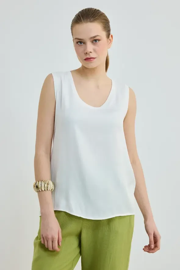 Satin Front Cotton Back Tank Top - Ecru - 1