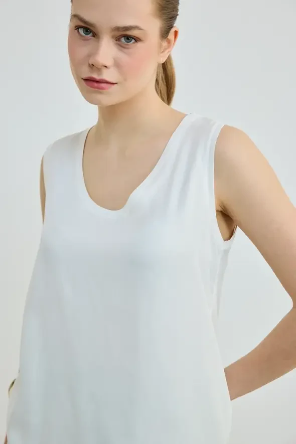 Satin Front Cotton Back Tank Top - Ecru - 3