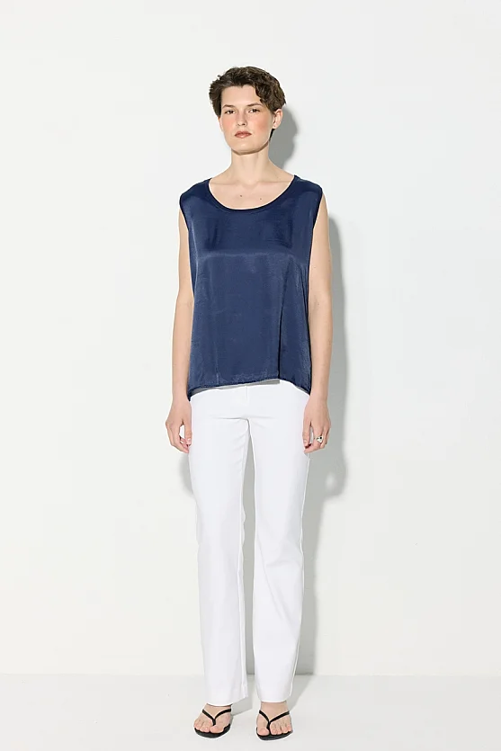 Satin Front Cotton Back Tank Top - Navy Blue - 2