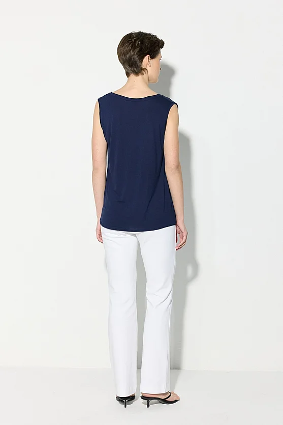 Satin Front Cotton Back Tank Top - Navy Blue - 5