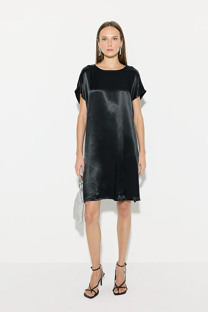 Satin Front Viscose Back Dress - Black Black