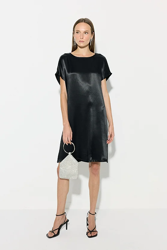 Satin Front Viscose Back Dress - Black - Gusto