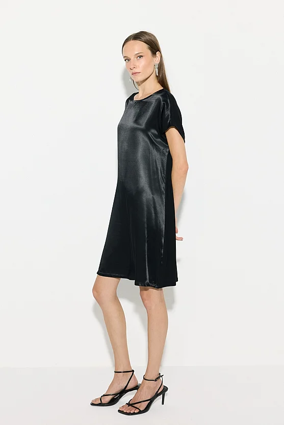 Satin Front Viscose Back Dress - Black - Gusto
