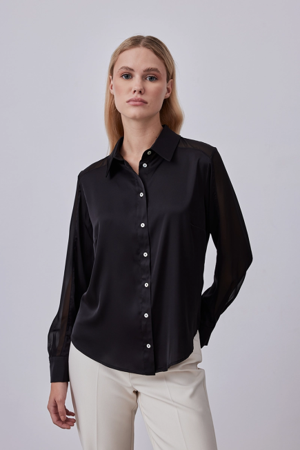 Satin Shirt with Chiffon Garnish - Black Black