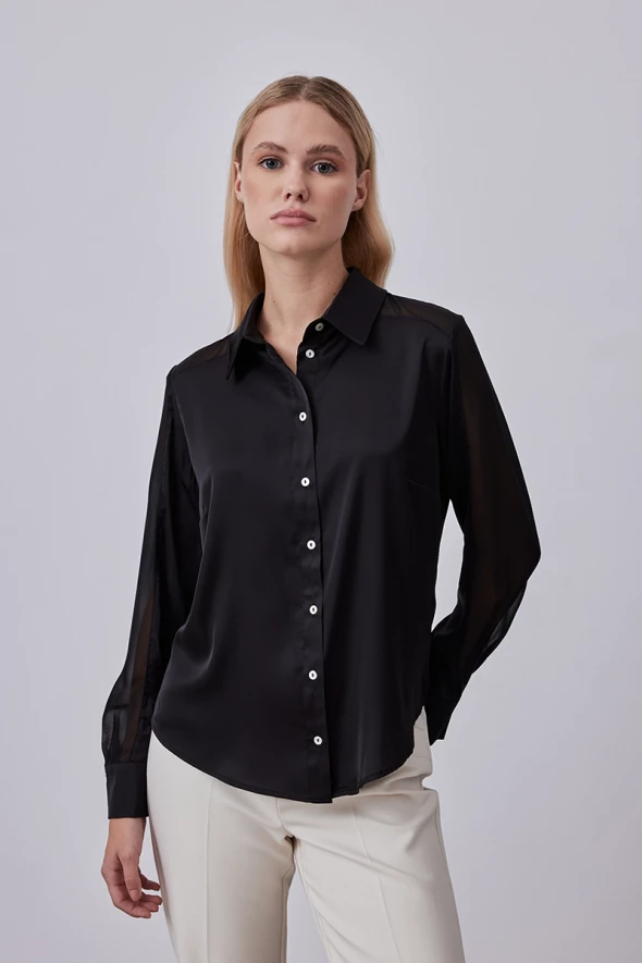 Satin Shirt with Chiffon Garnish - Black - 1