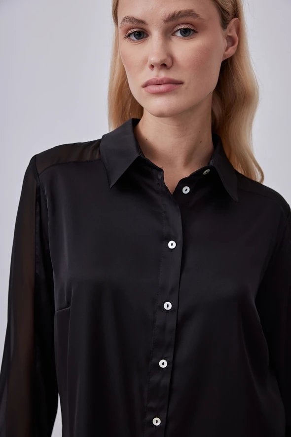 Satin Shirt with Chiffon Garnish - Black - 3