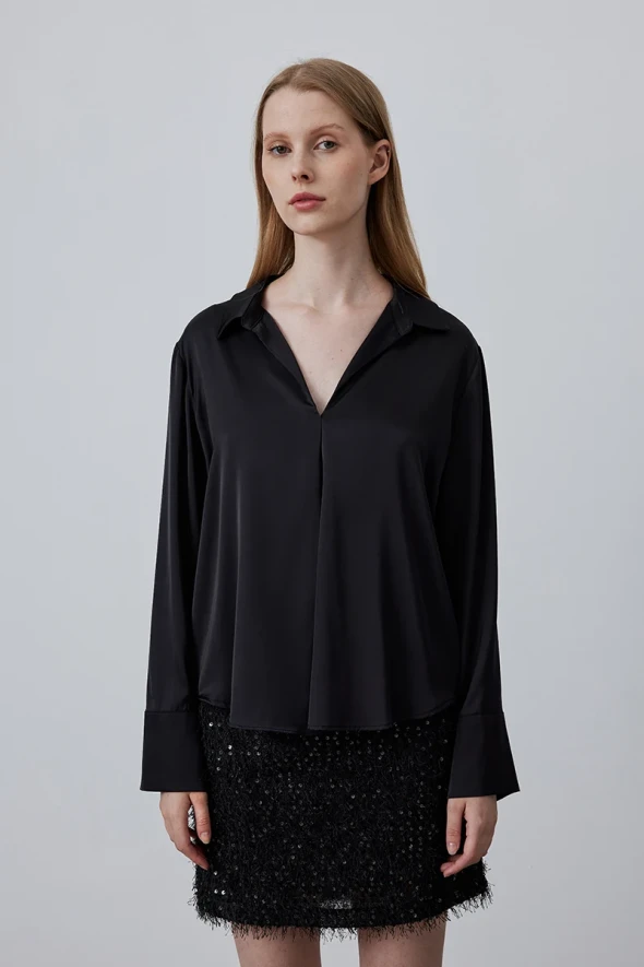 Satin Shirt with Collar - Black - 2