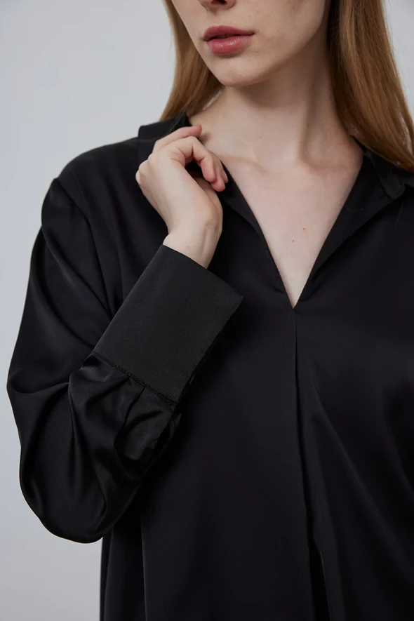 Satin Shirt with Collar - Black - 4