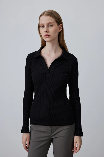 Satin Shirt with Collar - Black Black