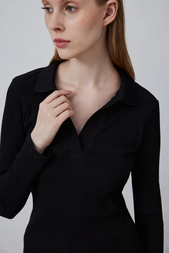 Satin Shirt with Collar - Black - 4