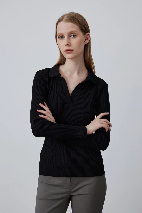 Satin Shirt with Collar - Black - 3