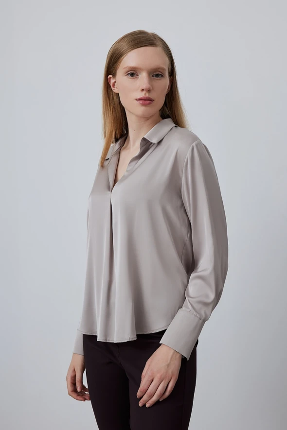 Satin Shirt with Collar - Mink - 2