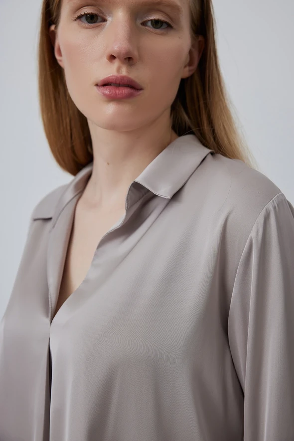 Satin Shirt with Collar - Mink - 1