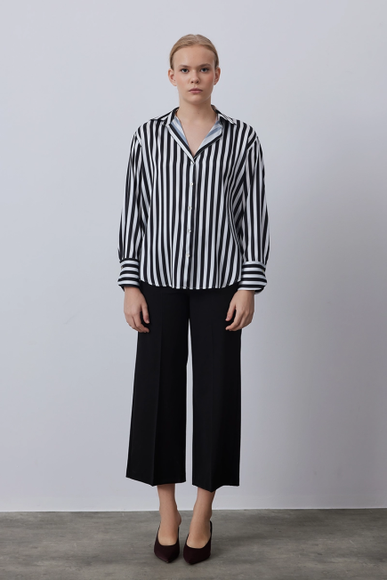 Satin Shirt with Striped - Black Black