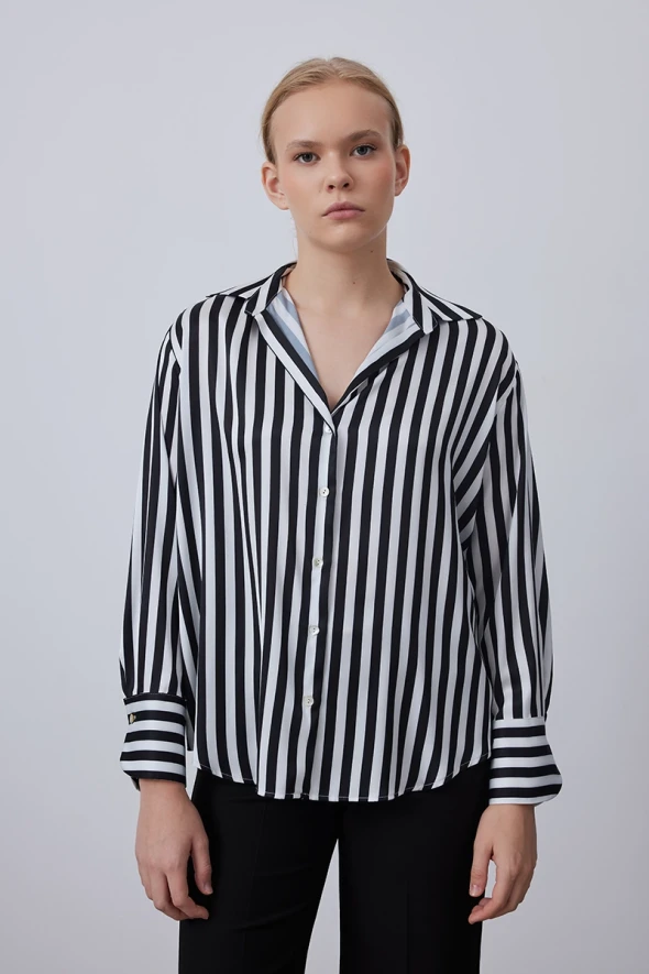 Satin Shirt with Striped - Black - 2