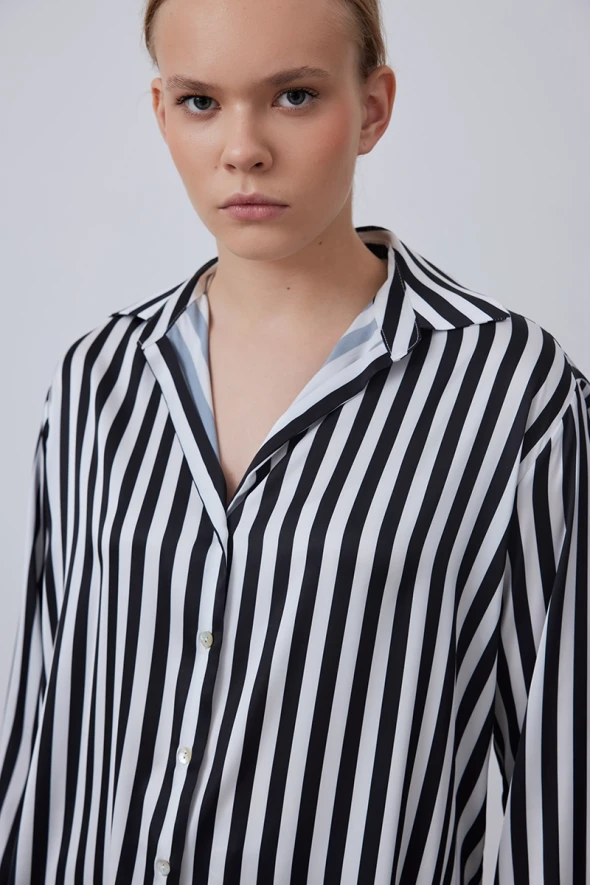 Satin Shirt with Striped - Black - 3