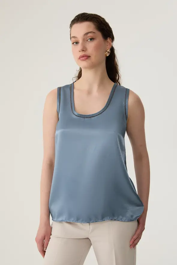 Satin Tank Top with Metal Accessory - Blue - 1