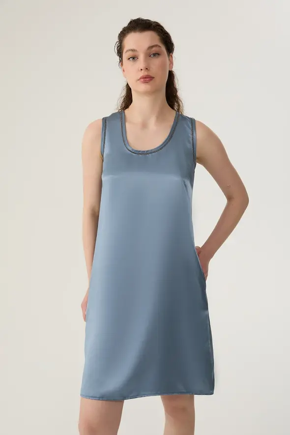 Satin Tank Top with Metal Accessory - Blue - 3