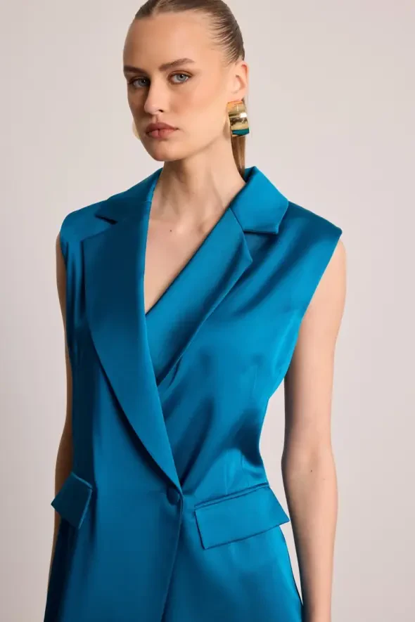 Satin Textured Blazer Dress - Green - 2