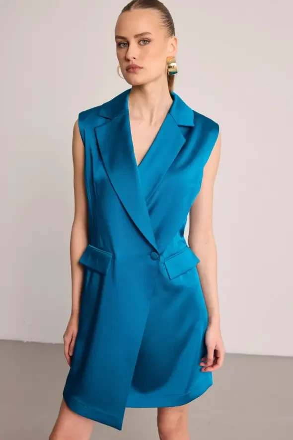 Satin Textured Blazer Dress - Green - 3