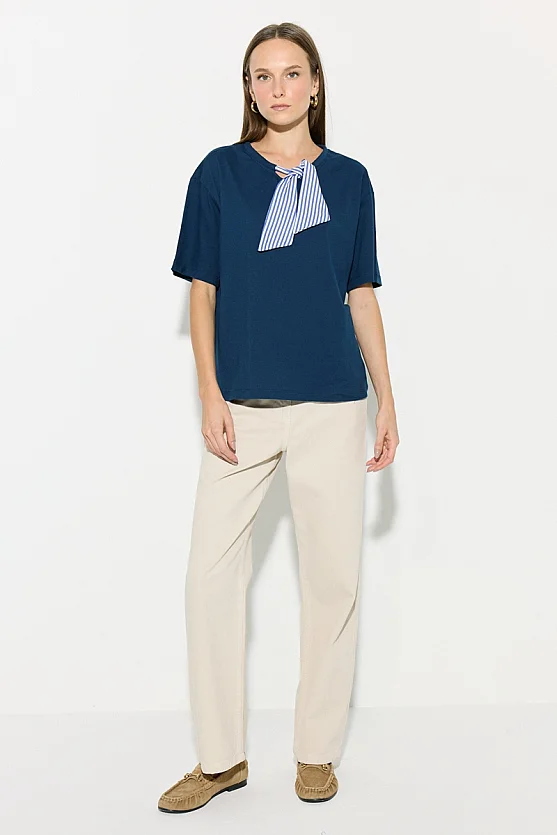 Scarf Collar Cotton T-Shirt - Navy Blue - 2