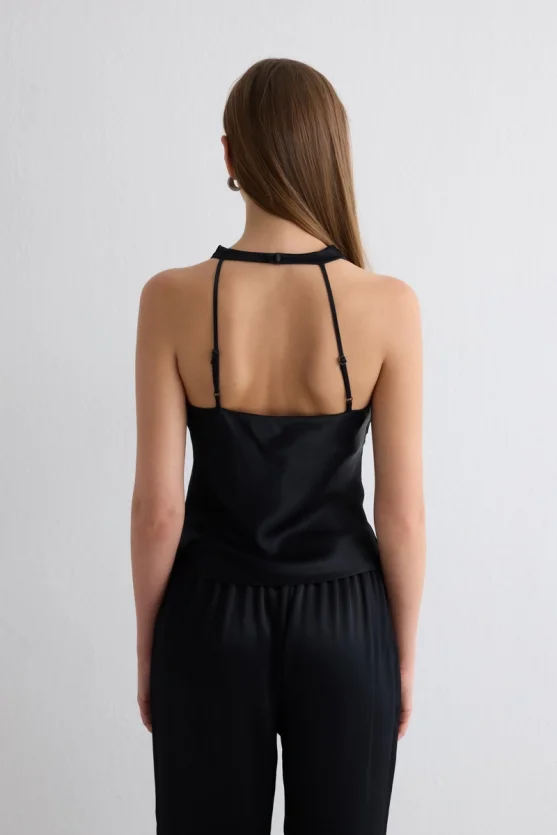 Scoop Neck Asymmetrical Satin Blouse - Black - 5