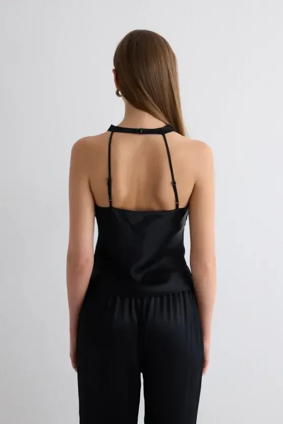 Scoop Neck Asymmetrical Satin Blouse - Black - Gusto