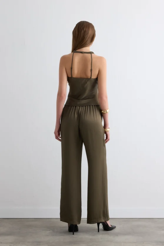 Scoop Neck Asymmetrical Satin Blouse - Green - 5