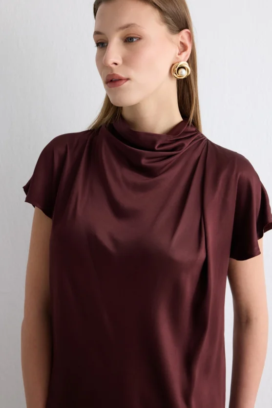 Scoop Neck Viscose Satin Blouse - Burgundy - Gusto