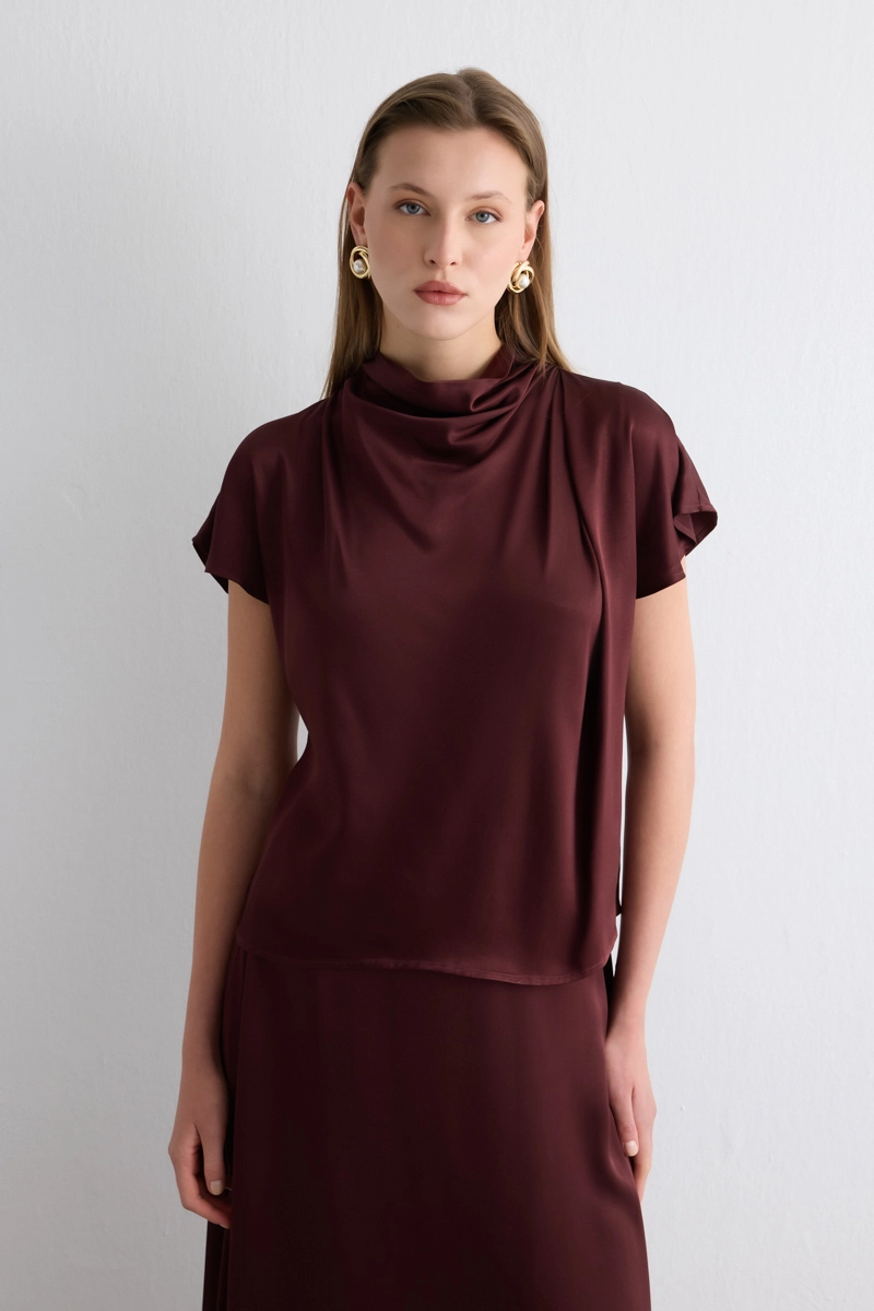 Scoop Neck Viscose Satin Blouse Burgundy - Gusto