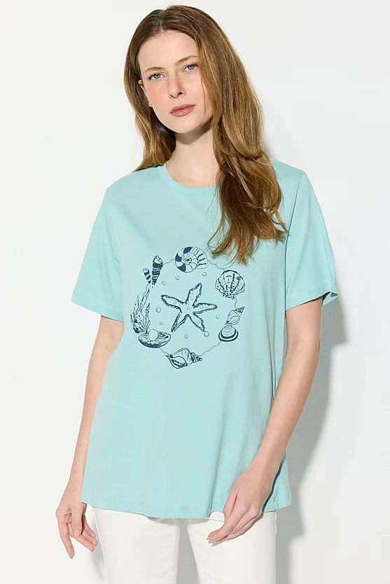 Sea-Themed Beaded Cotton T-Shirt - Turquoise - 1