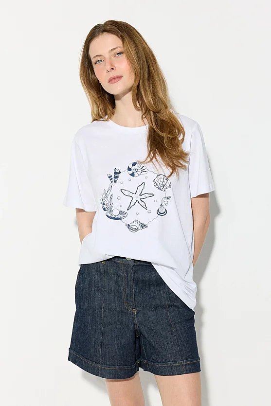 Sea-Themed Beaded Cotton T-Shirt - White - 1