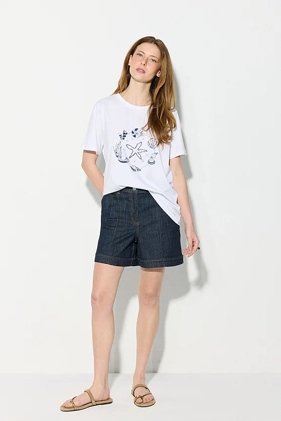 Sea-Themed Beaded Cotton T-Shirt - White - Gusto