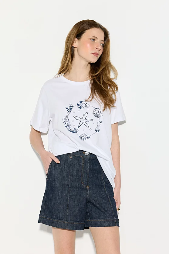 Sea-Themed Beaded Cotton T-Shirt - White - 3