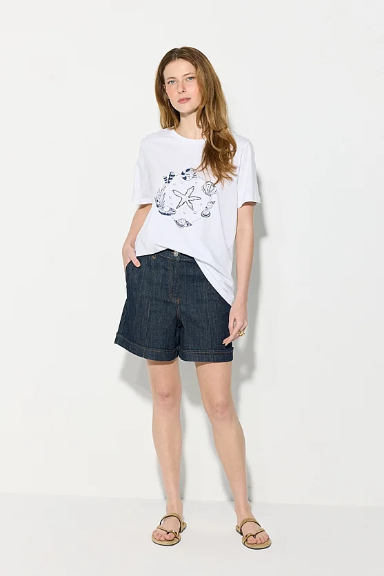 Sea-Themed Beaded Cotton T-Shirt - White - Gusto