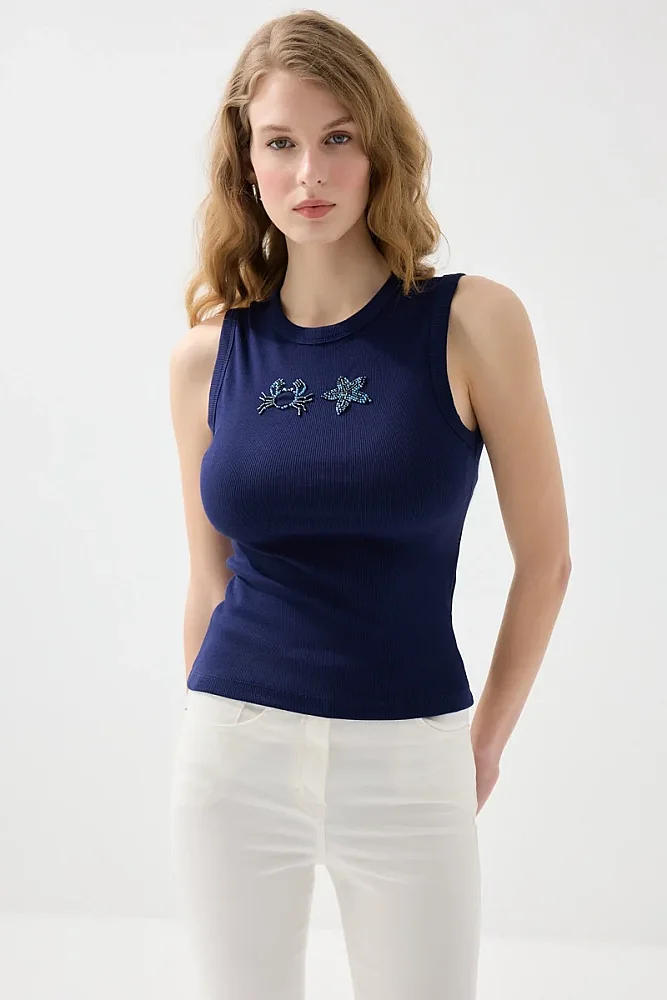 Sea-Themed Crew Neck Ribbed Cotton Tank Top - Navy Blue