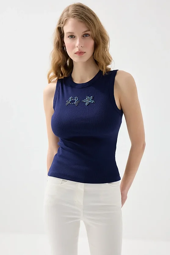 Sea-Themed Crew Neck Ribbed Cotton Tank Top - Navy Blue - Gusto
