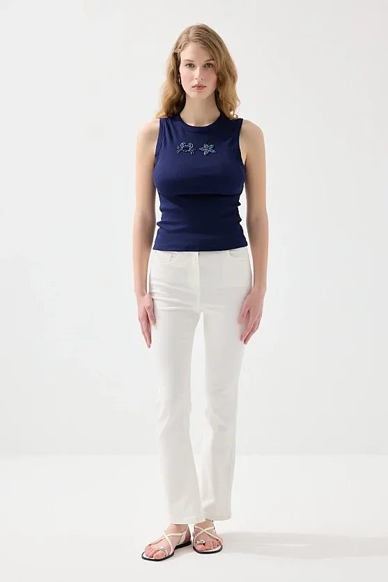 Sea-Themed Crew Neck Ribbed Cotton Tank Top - Navy Blue - 2
