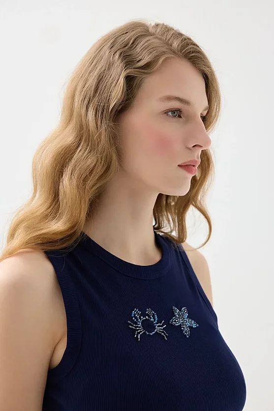 Sea-Themed Crew Neck Ribbed Cotton Tank Top - Navy Blue - 5